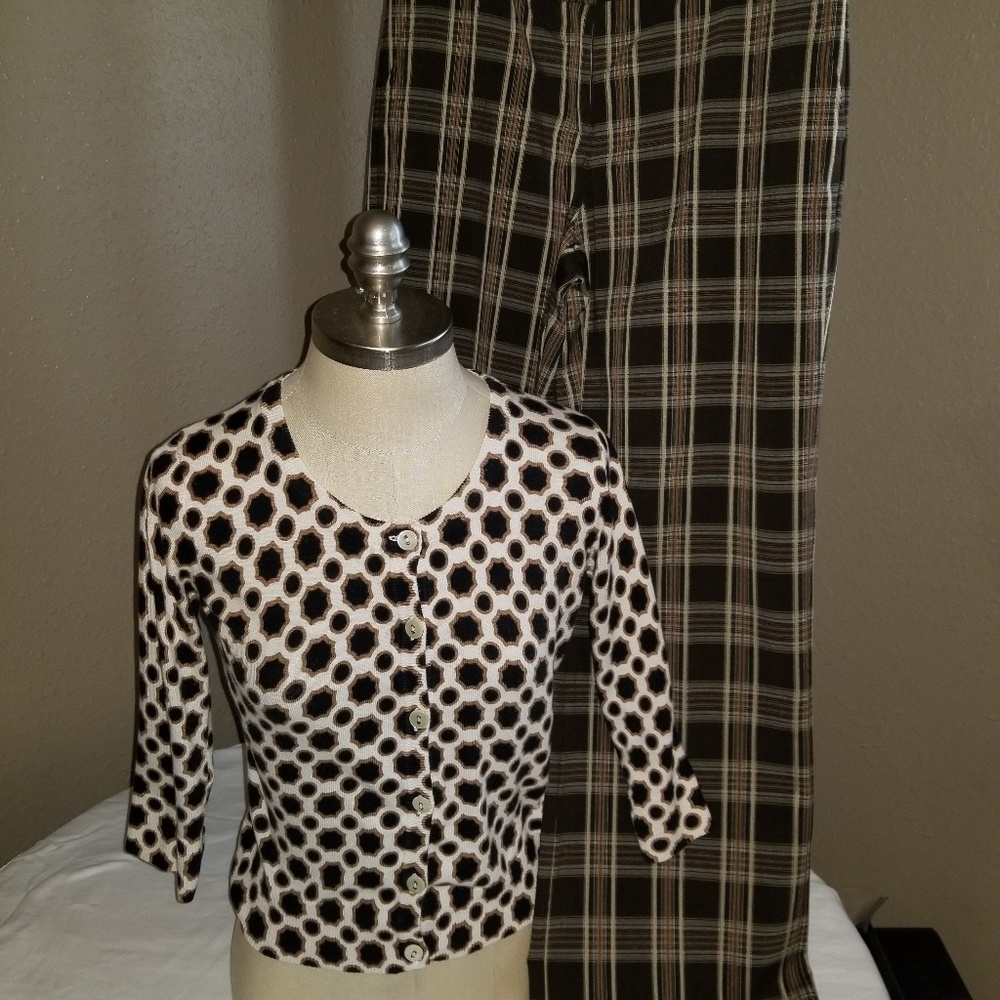 Lightweight printed cardigan sweater.